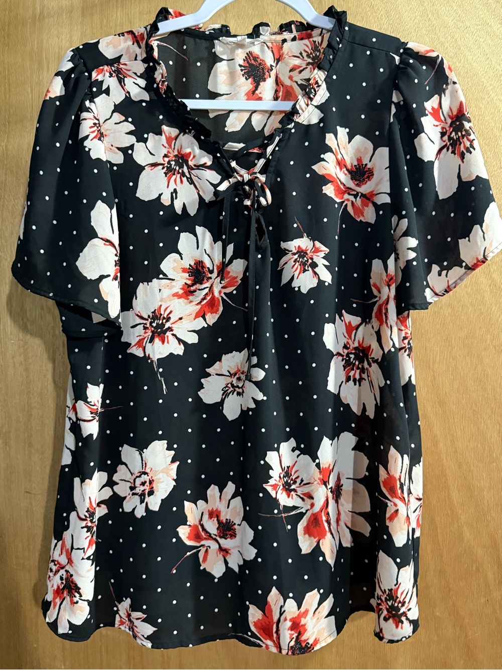 Maurices Black Floral Tie-Front Blouse with White and Coral Flowers